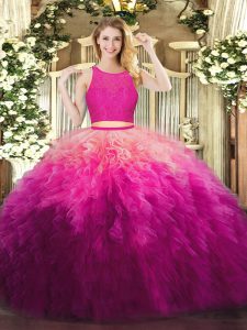 Graceful Floor Length Zipper 15 Quinceanera Dress Fuchsia for Military Ball and Sweet 16 with Lace and Ruffles