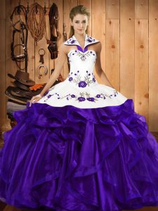 Purple Lace Up Quinceanera Gown Embroidery and Ruffled Layers Sleeveless Floor Length