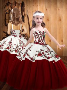 Red Lace Up Pageant Dress for Womens Embroidery Sleeveless Floor Length