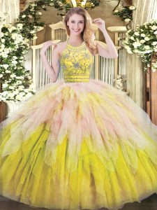 Multi-color Ball Gowns Halter Top Sleeveless Tulle Floor Length Zipper Beading and Ruffles Sweet 16 Dresses