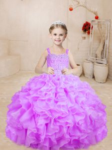 Lilac Ball Gowns Straps Sleeveless Organza Floor Length Lace Up Beading Kids Pageant Dress