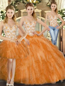 Orange Red Three Pieces Organza Straps Sleeveless Beading and Ruffles Floor Length Lace Up Quince Ball Gowns