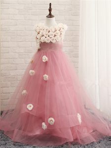 Pink Pageant Gowns Tulle Brush Train Sleeveless Hand Made Flower