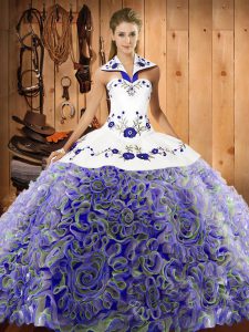 Halter Top Sleeveless Fabric With Rolling Flowers Quince Ball Gowns Embroidery Sweep Train Lace Up