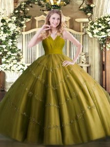 Affordable V-neck Sleeveless Ball Gown Prom Dress Floor Length Beading Olive Green Tulle