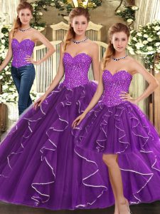 Beauteous Eggplant Purple Organza Lace Up Sweetheart Sleeveless Floor Length Sweet 16 Quinceanera Dress Beading and Ruffles
