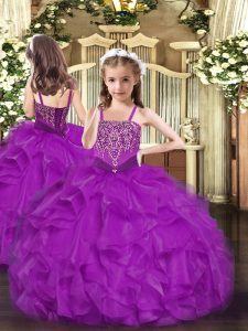Elegant Fuchsia Sleeveless Beading and Ruffles Floor Length Little Girl Pageant Dress
