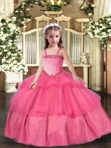 Best Hot Pink Organza Lace Up Pageant Dress Womens Sleeveless Floor Length Appliques and Ruffled Layers
