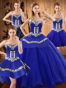 Floor Length Lace Up Sweet 16 Dresses Blue for Military Ball and Sweet 16 and Quinceanera with Embroidery