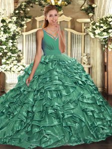 Turquoise V-neck Neckline Ruffles Ball Gown Prom Dress Sleeveless Backless