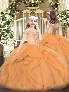 Hot Selling Off The Shoulder Sleeveless Lace Up Pageant Gowns Orange Tulle