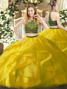 Simple Yellow Zipper Halter Top Beading and Ruffles Quinceanera Gowns Organza Sleeveless