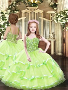 Cute Yellow Green Sleeveless Beading and Ruffled Layers Floor Length Little Girls Pageant Dress
