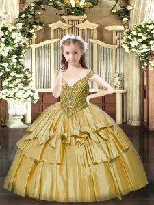 Floor Length Gold Pageant Dress Toddler Organza Sleeveless Beading and Ruffled Layers