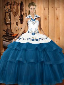 Charming Blue Organza Lace Up Halter Top Sleeveless Quinceanera Gowns Sweep Train Embroidery and Ruffled Layers