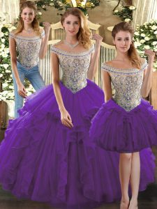 New Style Sleeveless Organza Floor Length Lace Up Quinceanera Dress in Purple with Beading and Ruffles