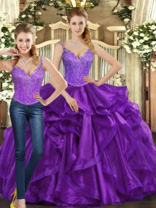 Purple Quinceanera Gown Military Ball and Sweet 16 and Quinceanera with Beading and Ruffles Straps Sleeveless Lace Up