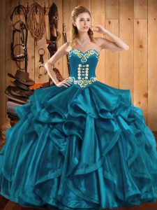 Cute Teal Sleeveless Floor Length Embroidery and Ruffles Lace Up Quinceanera Gowns