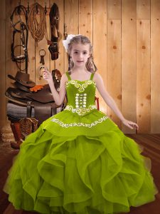 Sleeveless Organza Floor Length Lace Up Little Girls Pageant Gowns in Olive Green with Embroidery and Ruffles