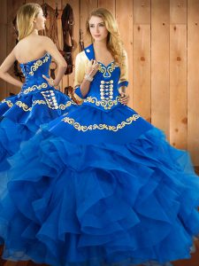 Custom Designed Blue Sweetheart Neckline Embroidery and Ruffles Quinceanera Dresses Sleeveless Lace Up