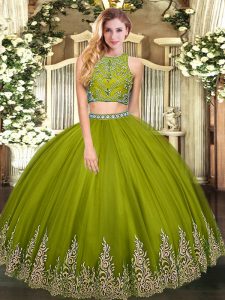 Hot Selling Floor Length Two Pieces Sleeveless Olive Green Quinceanera Gown Zipper