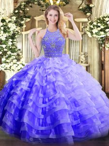 Sophisticated Lavender Halter Top Zipper Beading and Ruffled Layers Sweet 16 Dresses Sleeveless