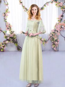 Unique Half Sleeves Floor Length Lace and Belt Side Zipper Damas Dress with Yellow Green