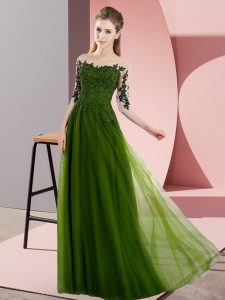 Floor Length Olive Green Dama Dress for Quinceanera Bateau Half Sleeves Lace Up