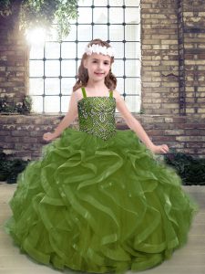 Floor Length Olive Green Little Girl Pageant Gowns Organza Sleeveless Beading and Ruffles