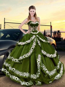 Olive Green Lace Up Sweetheart Embroidery and Ruffled Layers Sweet 16 Dresses Taffeta Sleeveless