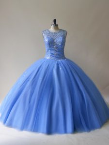 Perfect Baby Blue Ball Gowns Scoop Sleeveless Tulle Floor Length Lace Up Beading Sweet 16 Quinceanera Dress