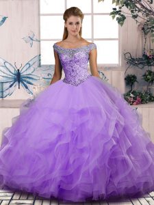 Lavender Lace Up Quinceanera Dresses Beading and Ruffles Sleeveless Floor Length