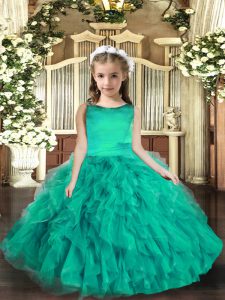 Beauteous Sleeveless Tulle Floor Length Lace Up Kids Formal Wear in Turquoise with Ruffles