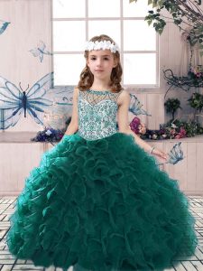 Enchanting Floor Length Lace Up Little Girl Pageant Gowns Peacock Green for Party and Wedding Party with Beading and Ruffles