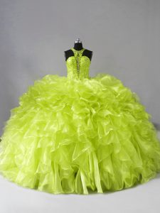New Arrival Yellow Green Sleeveless Organza Brush Train Zipper 15th Birthday Dress for Sweet 16 and Quinceanera