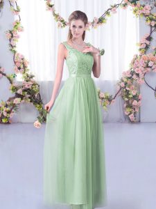 Lovely Apple Green Court Dresses for Sweet 16 Wedding Party with Lace and Belt V-neck Sleeveless Side Zipper