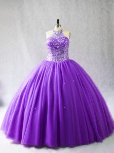 Custom Designed Purple Ball Gowns Tulle Halter Top Sleeveless Beading Floor Length Lace Up Quinceanera Dress