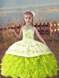 Great Halter Top Sleeveless Little Girl Pageant Dress Floor Length Beading and Embroidery and Ruffles Yellow Green Organza