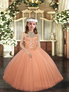 Peach Halter Top Neckline Beading Pageant Gowns Sleeveless Lace Up
