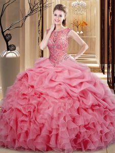 Pink Scoop Lace Up Beading and Ruffles and Pick Ups Quinceanera Gown Sleeveless
