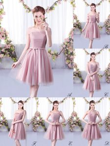 Knee Length Lace Up Vestidos de Damas Pink for Wedding Party with Belt