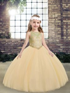 Peach Ball Gowns Beading Pageant Dress for Teens Lace Up Tulle Sleeveless Floor Length