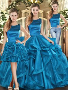 Lovely Floor Length Three Pieces Sleeveless Teal Military Ball Dresses Lace Up