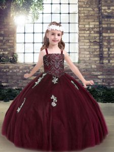 Custom Made Straps Sleeveless Lace Up Pageant Dress for Teens Burgundy Tulle