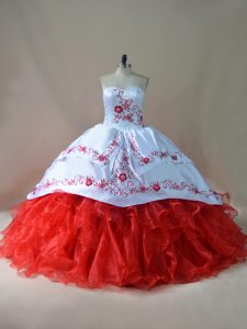 White And Red Quinceanera Gown Sweetheart Sleeveless Court Train Lace Up