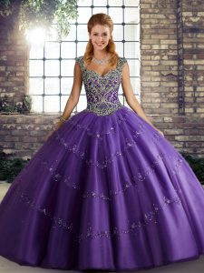 Floor Length Purple Quince Ball Gowns Tulle Sleeveless Beading and Appliques