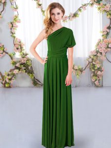 Green Empire One Shoulder Sleeveless Chiffon Floor Length Criss Cross Ruching Dama Dress for Quinceanera