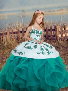 Best Teal Empire Straps Sleeveless Floor Length Lace Up Embroidery and Ruffles High School Pageant Dress