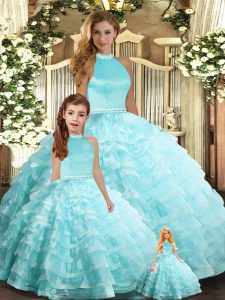 Organza Halter Top Sleeveless Backless Beading and Ruffled Layers Sweet 16 Quinceanera Dress in Aqua Blue