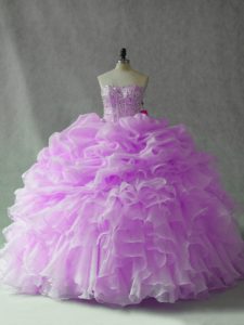 Custom Made Lilac Ball Gowns Strapless Sleeveless Organza Brush Train Lace Up Beading and Ruffles and Pick Ups Vestidos de Quinceanera